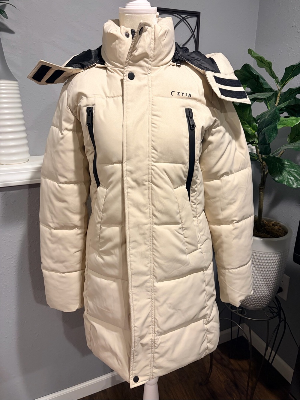 ZYIA Ivory Quilted Long Puffer Coat with Hood